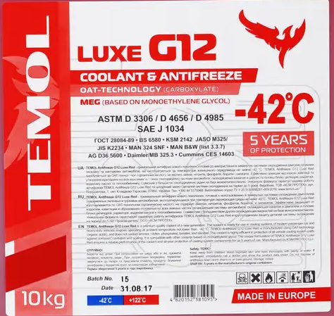 Антифриз TEMOL LUXE G12 -42C (червоний) 10кг TEMG12R10 фото